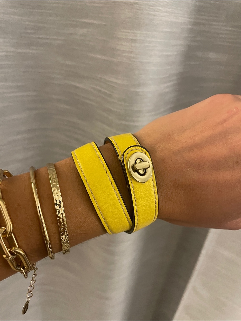 Coach Y2K Yellow Double-Wrap Leather Bracelet with Gold Turnlock